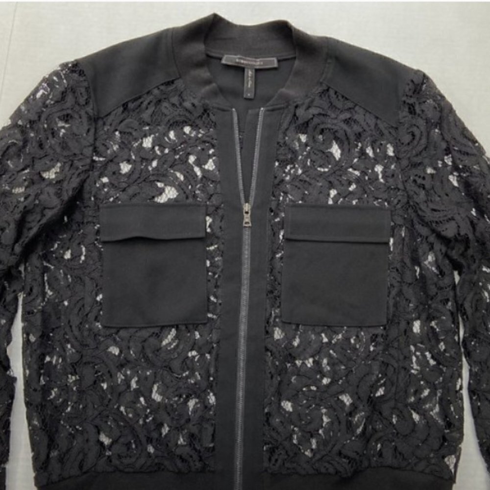 BCBG Black Lace Long Sleeve Zipper Jacket, Small - Picture 3 of 7